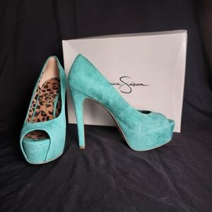 Jessica Simpson Turquoise Suede Peep-Toe Platform Pumps